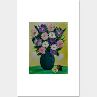 Some abstract flowers in purple and pink in a turquoise and gold vase . Posters and Art